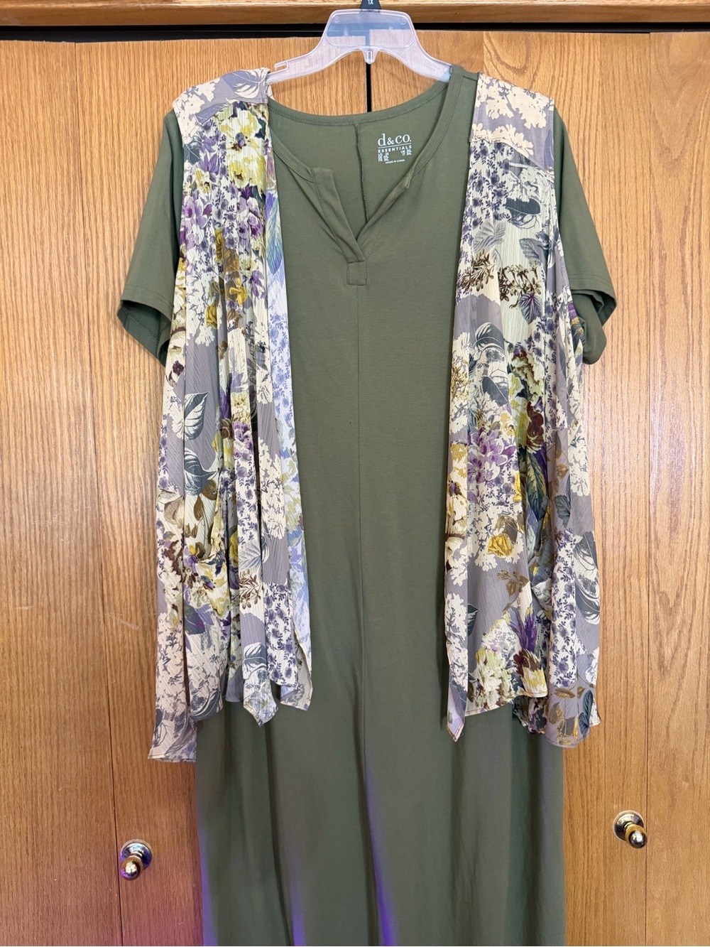 d&co Olive Green Maxi Dress with Floral Vest